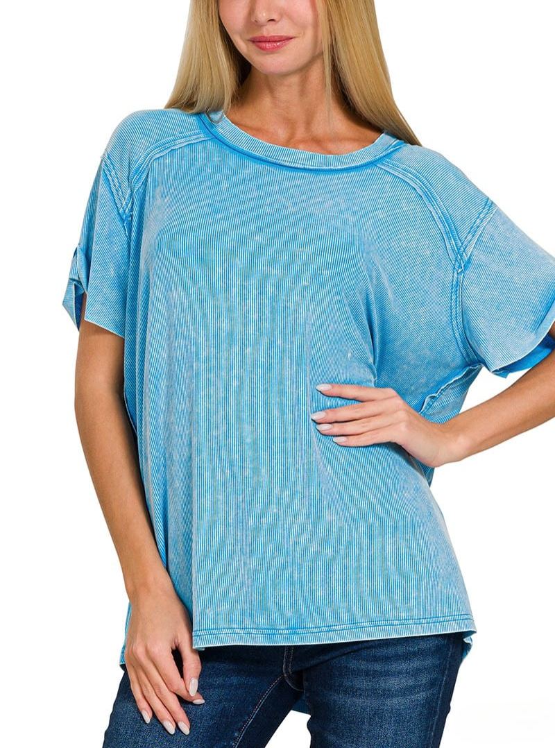 Washed Ribbed Short Sleeve Boat-Neck Top