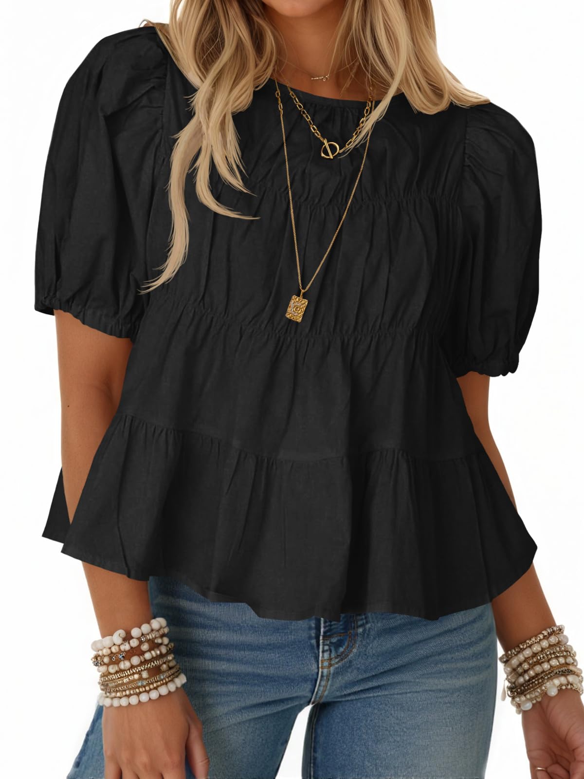 Limited time sale🔥Women's Puff Sleeve T-Shirts Smocked Peplum Blouse Casual Loose Fit Tops