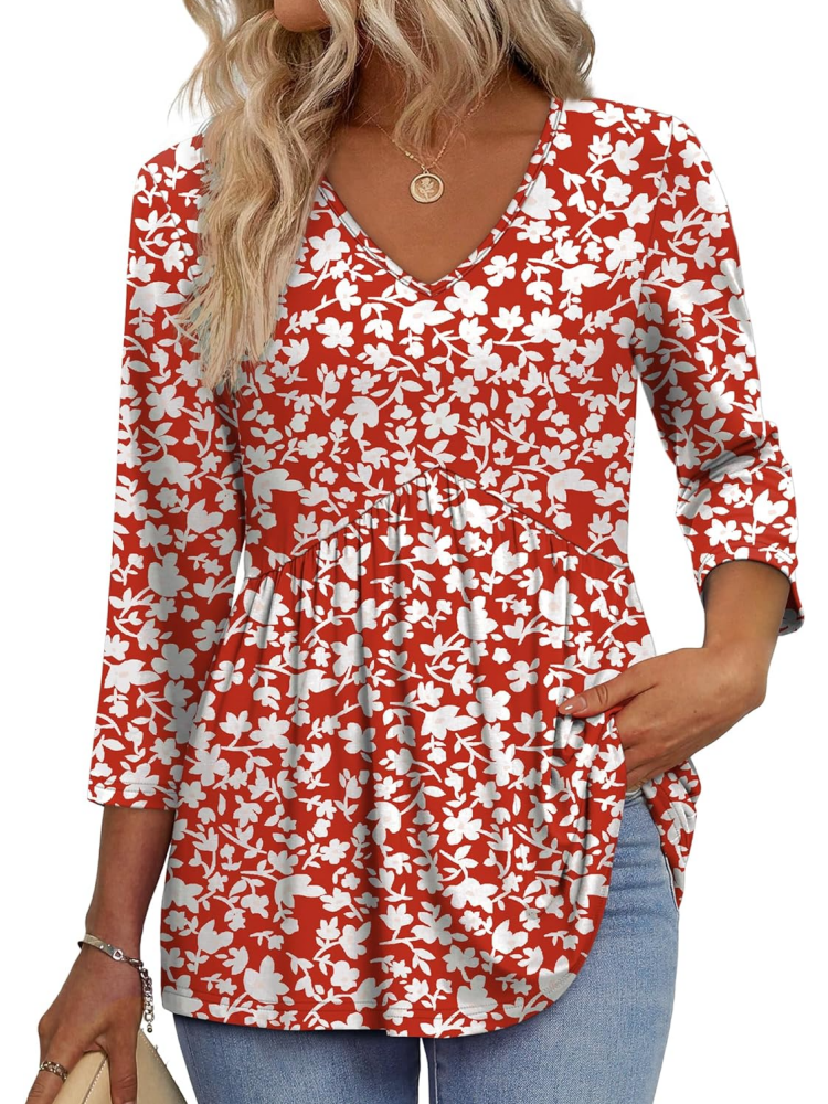 Women's V-Neck 3/4 Sleeve Ruffled hem Top