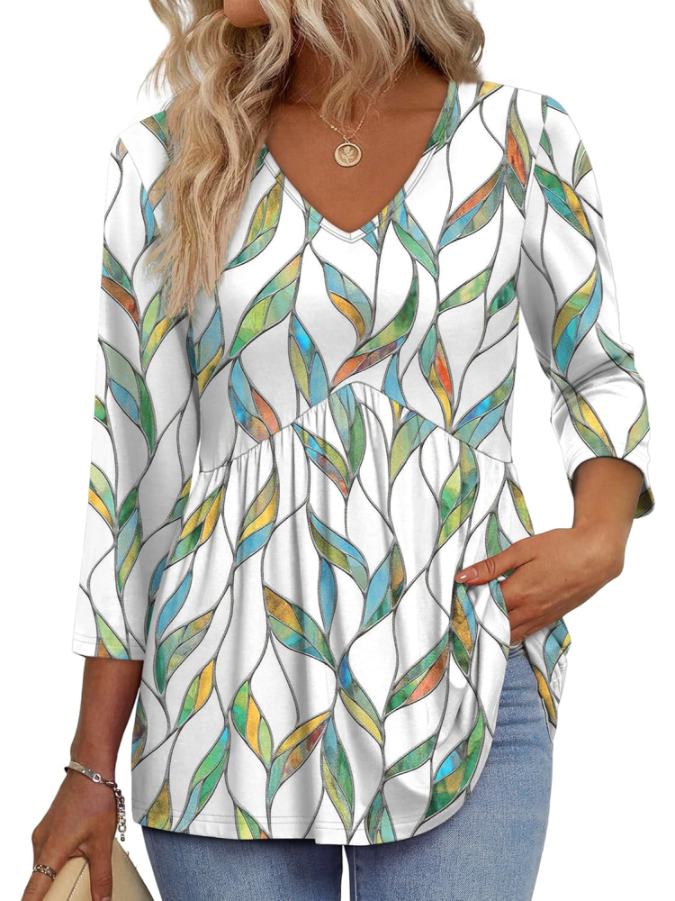 Women's V-Neck 3/4 Sleeve Ruffled hem Top