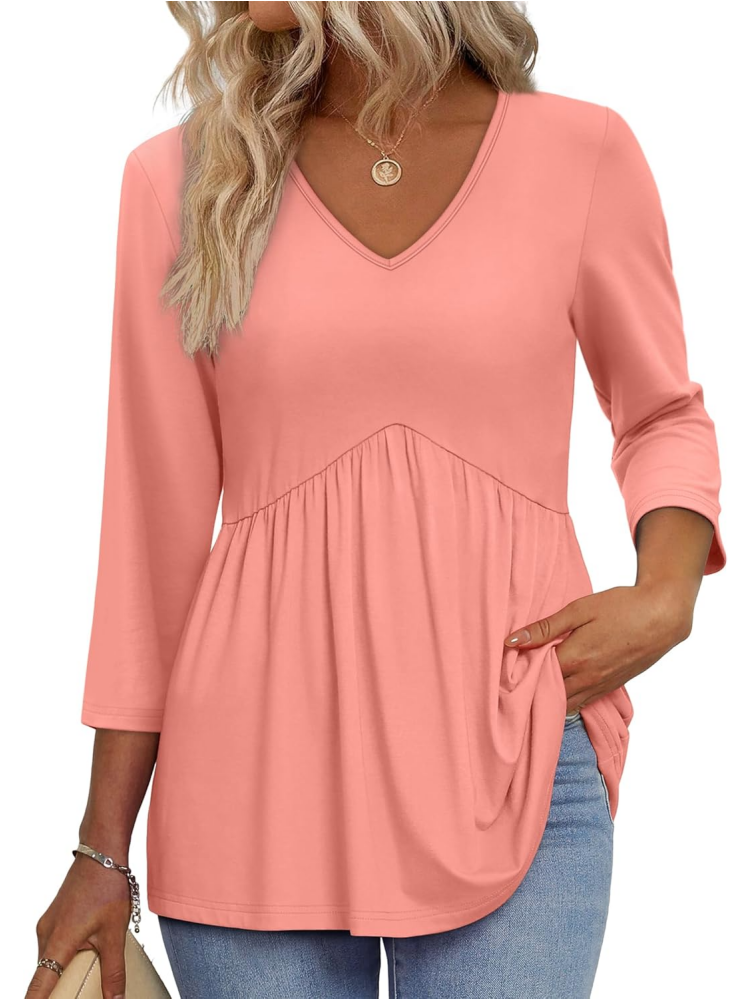 Women's V-Neck 3/4 Sleeve Ruffled hem Top