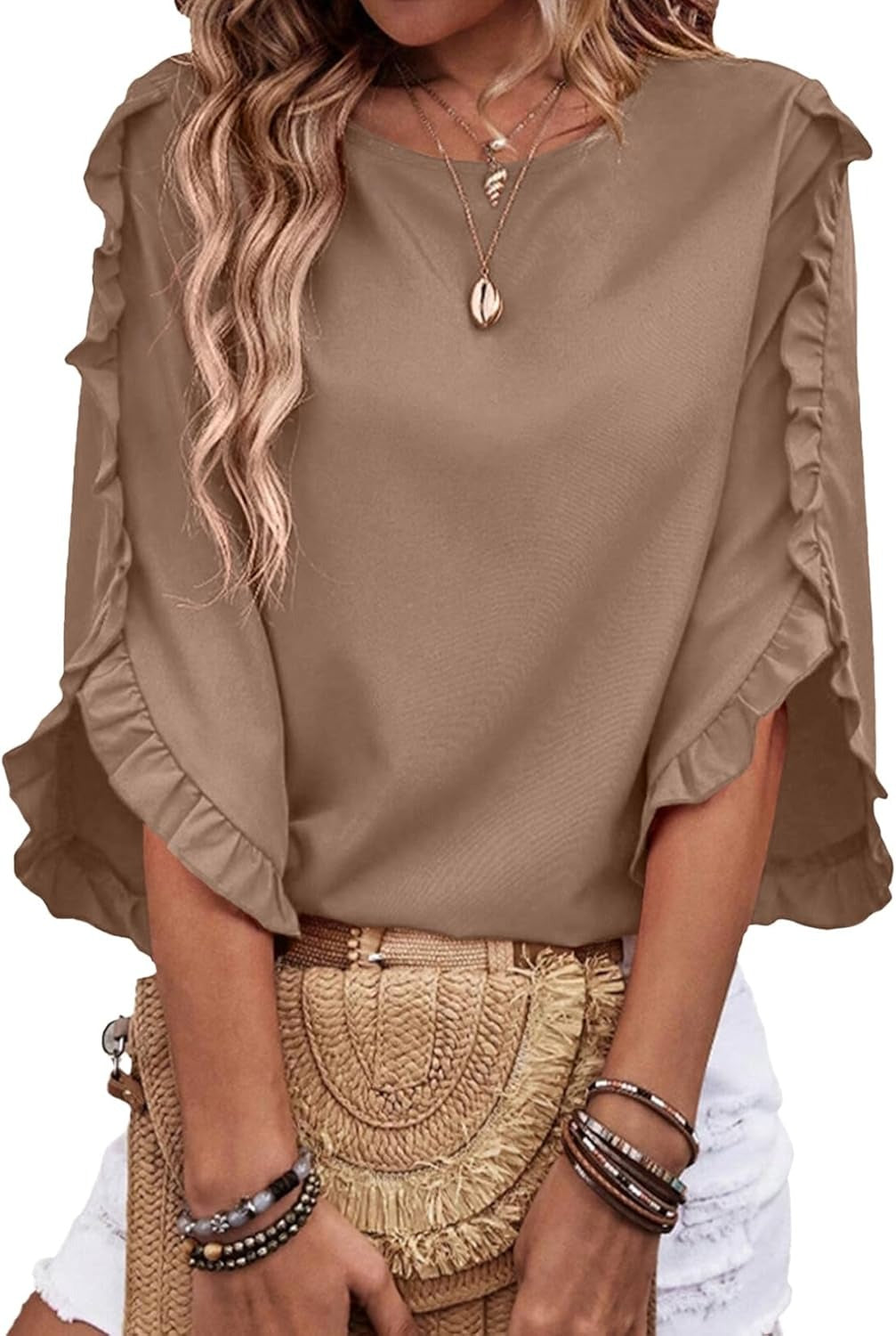 Limited time sale🔥Women's 3/4 Length Sleeve Blouses Crewneck Ruffle Sleeve Shirts