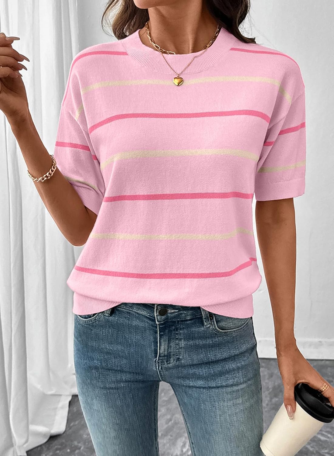 Limited time sale🔥Womens Tops Crewneck Short Sleeve Sweater Pullover Knit Striped Shirt