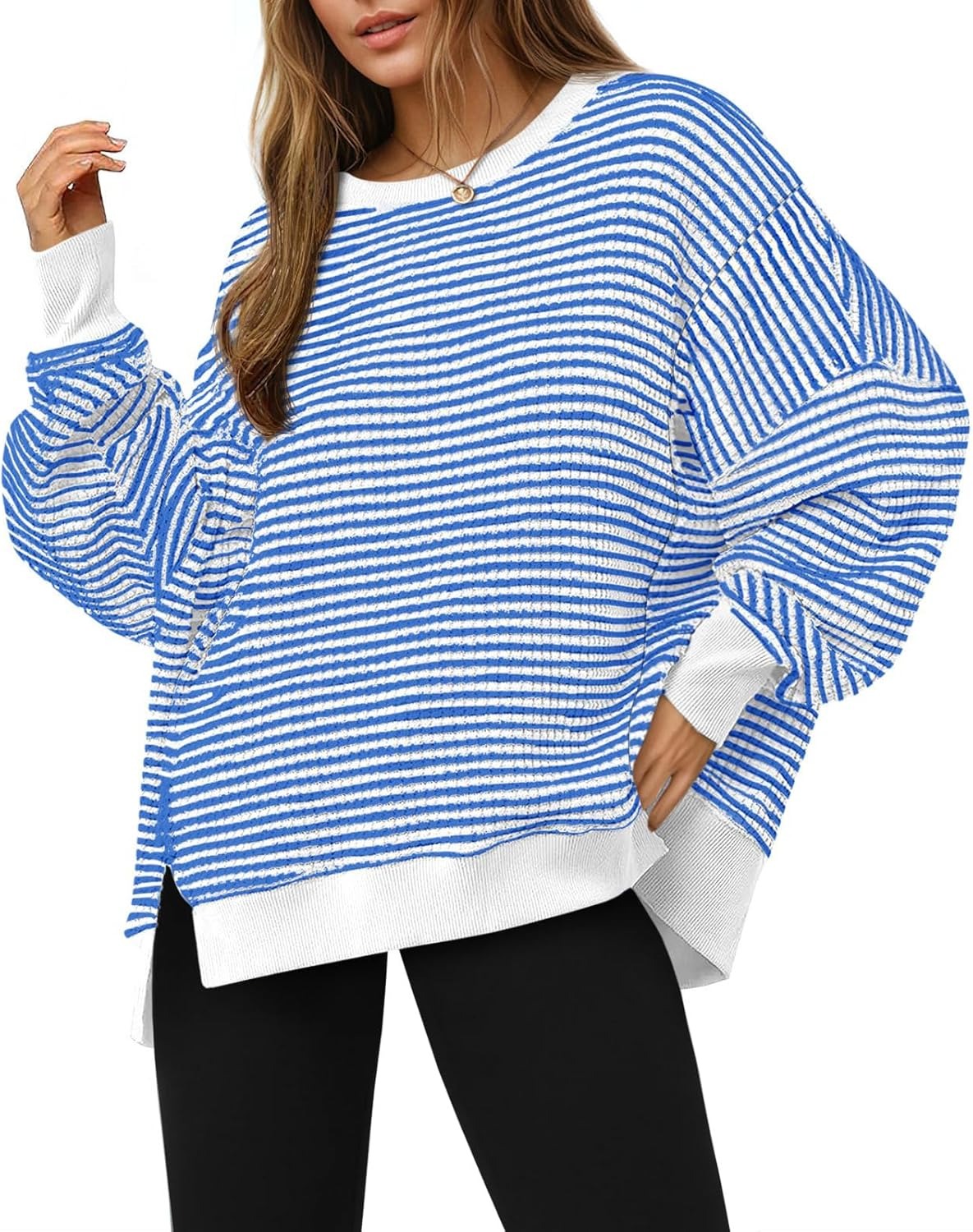 Women's Oversized Sweatshirt Waffle Long Sleeve Split Pullover Tunic Tops