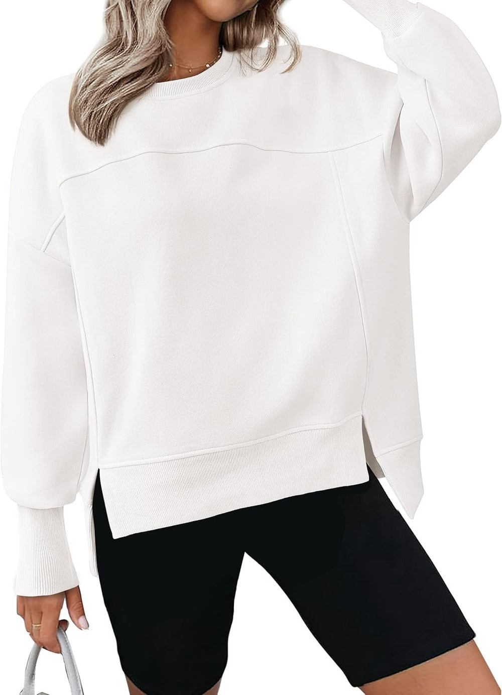 ✨Women's Casual Crewneck Sweatshirts Long Sleeve Side Slit Fleece Pullover Tops
