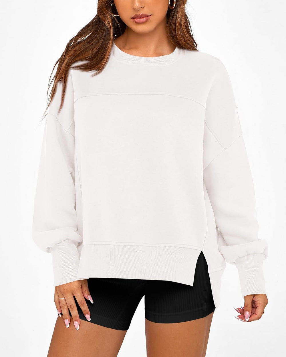 ✨Women's Casual Crewneck Sweatshirts Long Sleeve Side Slit Fleece Pullover Tops