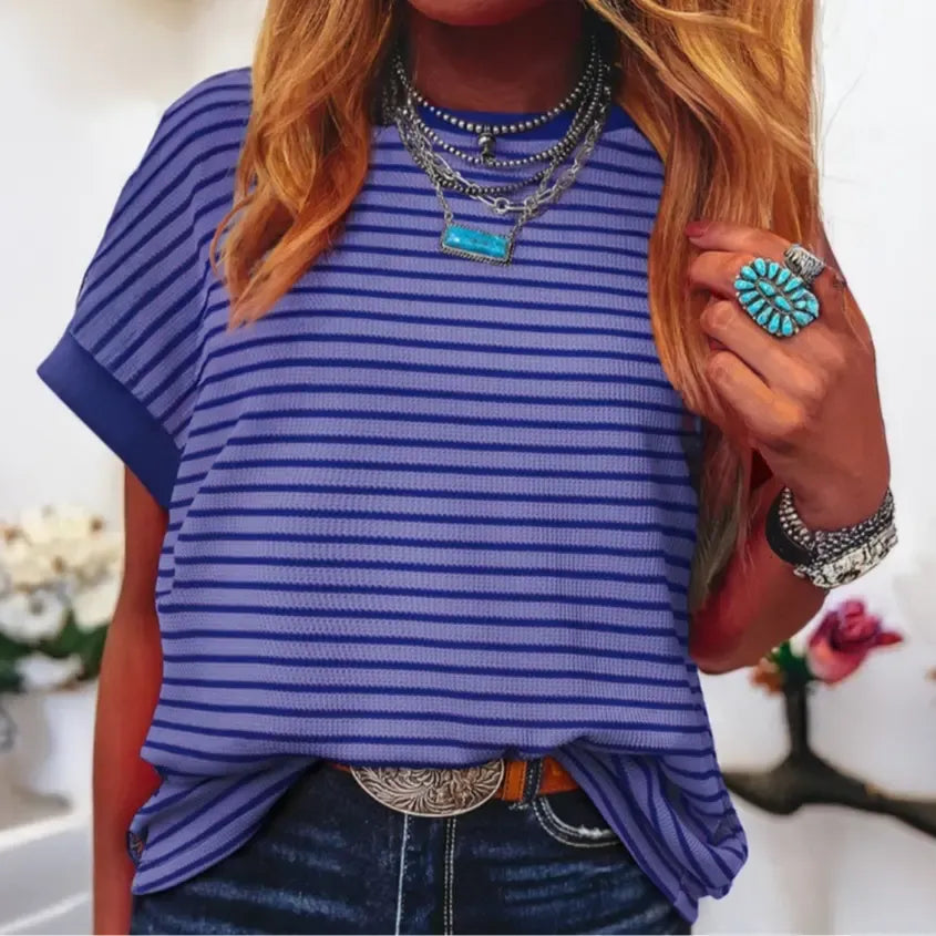 Limited time sale🔥Women's Striped Ribbed Knit Drop Shoulder Top