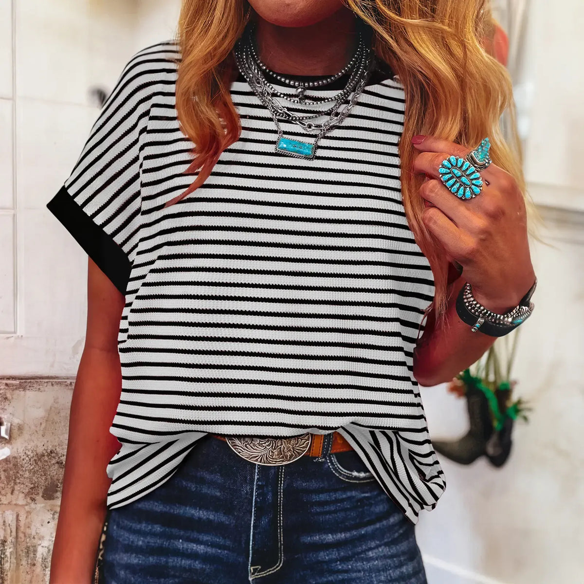 Limited time sale🔥Women's Striped Ribbed Knit Drop Shoulder Top