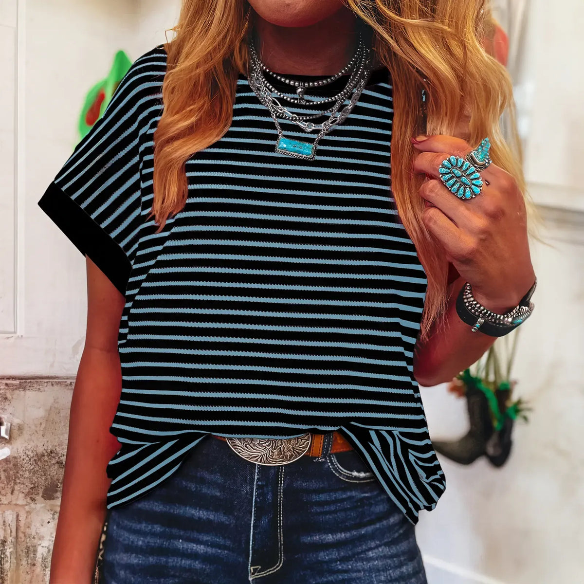 Limited time sale🔥Women's Striped Ribbed Knit Drop Shoulder Top