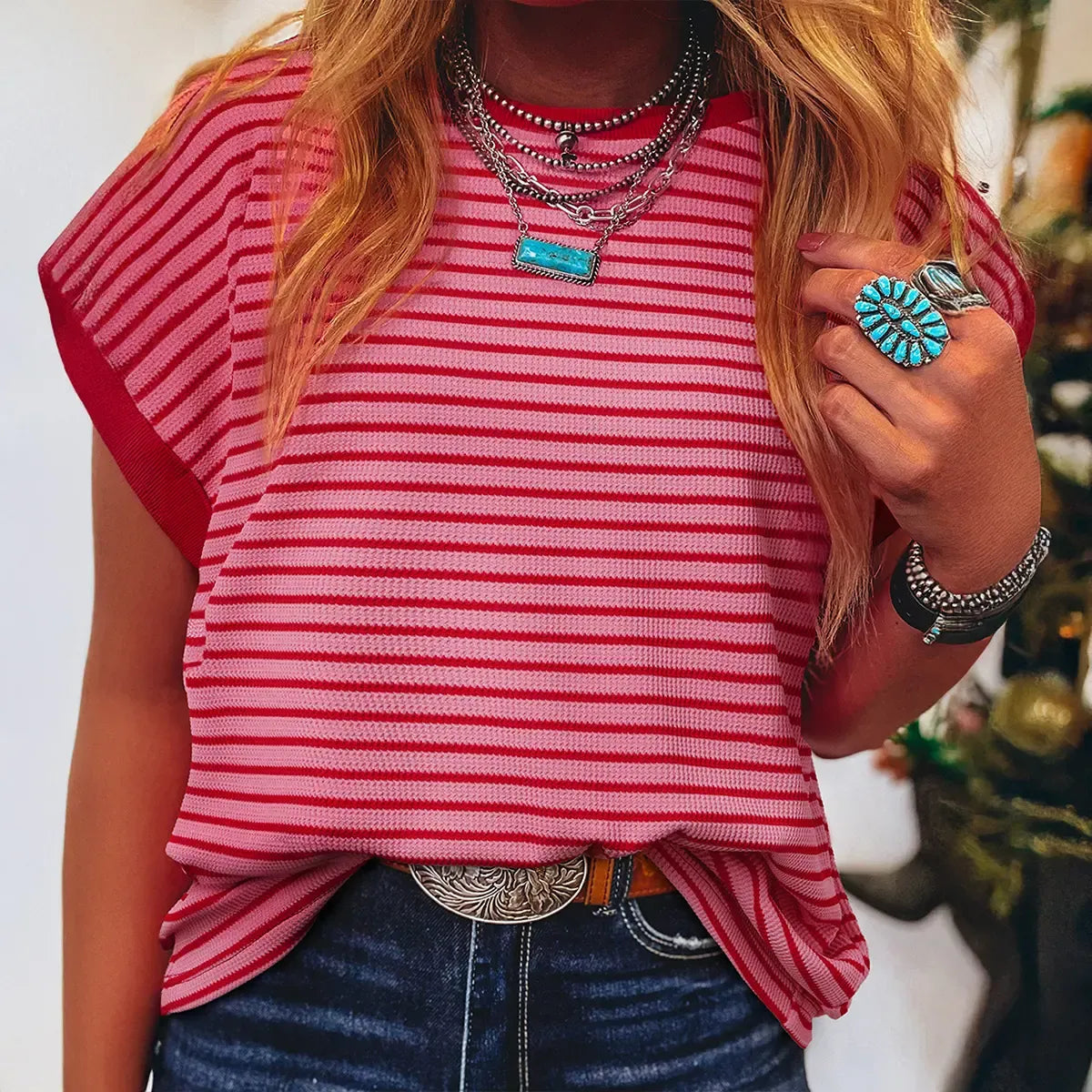 Limited time sale🔥Women's Striped Ribbed Knit Drop Shoulder Top