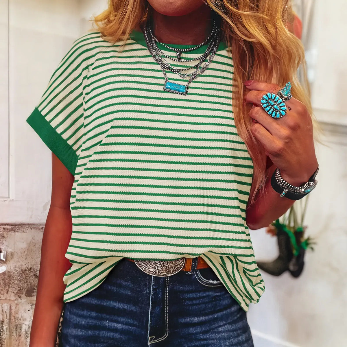 Limited time sale🔥Women's Striped Ribbed Knit Drop Shoulder Top