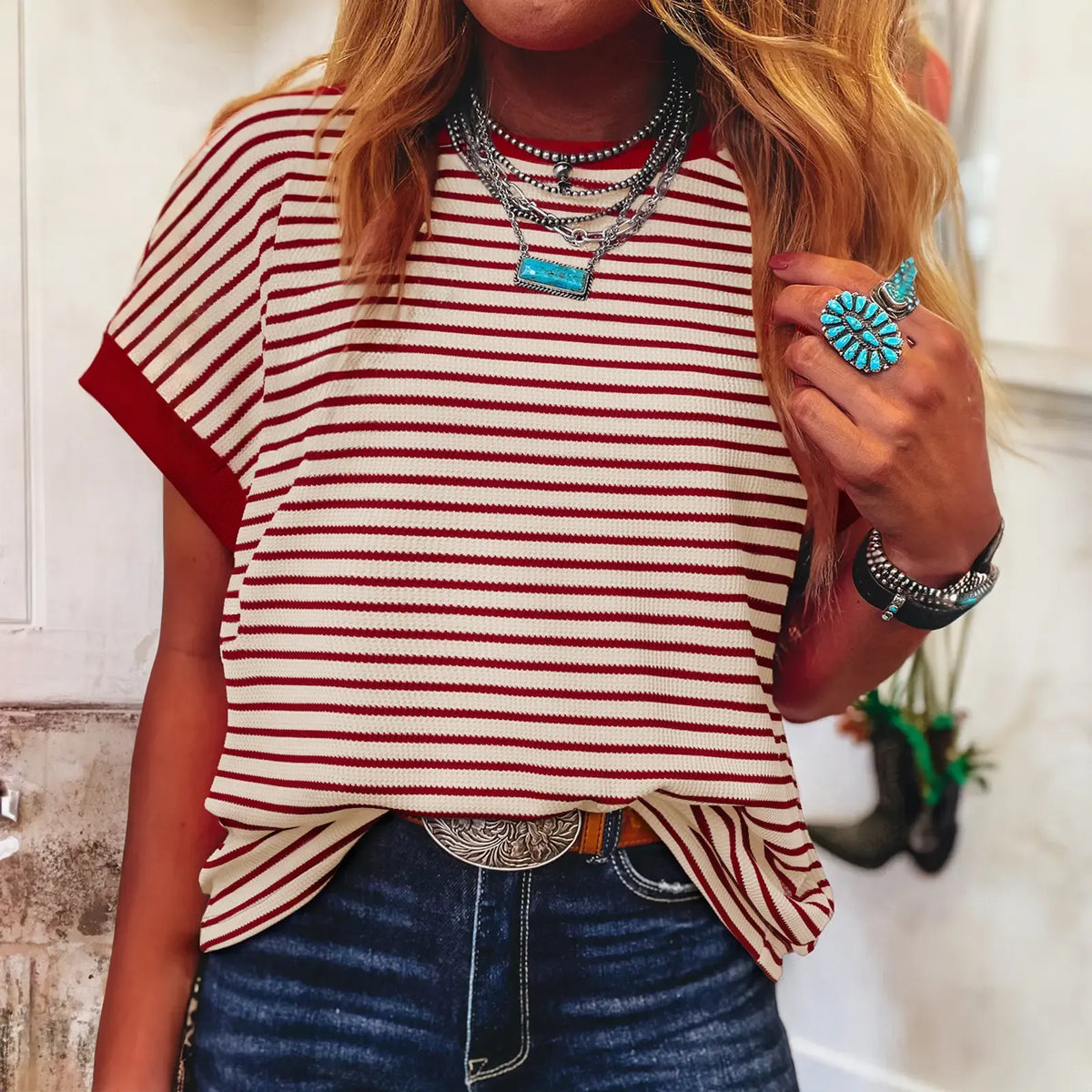 Limited time sale🔥Women's Striped Ribbed Knit Drop Shoulder Top