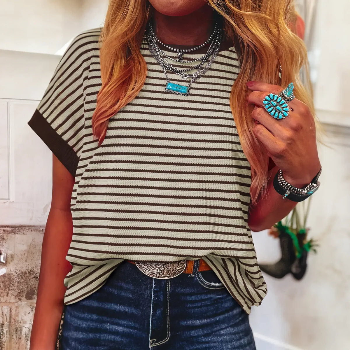 Limited time sale🔥Women's Striped Ribbed Knit Drop Shoulder Top