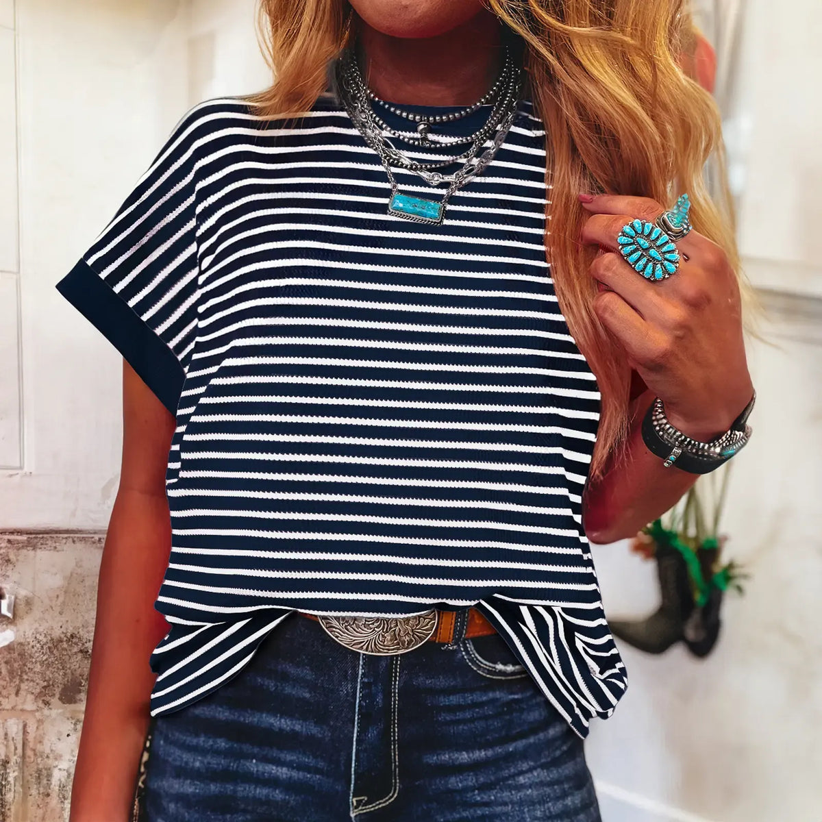 Limited time sale🔥Women's Striped Ribbed Knit Drop Shoulder Top
