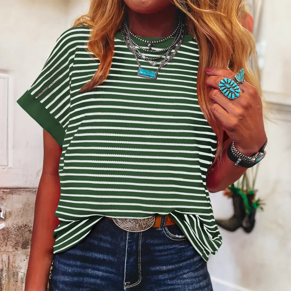 Limited time sale🔥Women's Striped Ribbed Knit Drop Shoulder Top