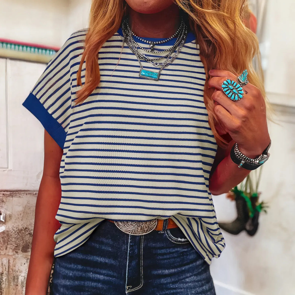Limited time sale🔥Women's Striped Ribbed Knit Drop Shoulder Top