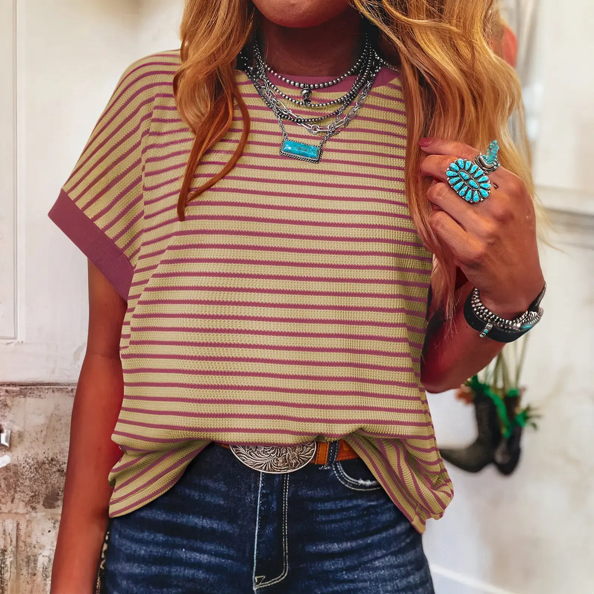 Limited time sale🔥Women's Striped Ribbed Knit Drop Shoulder Top