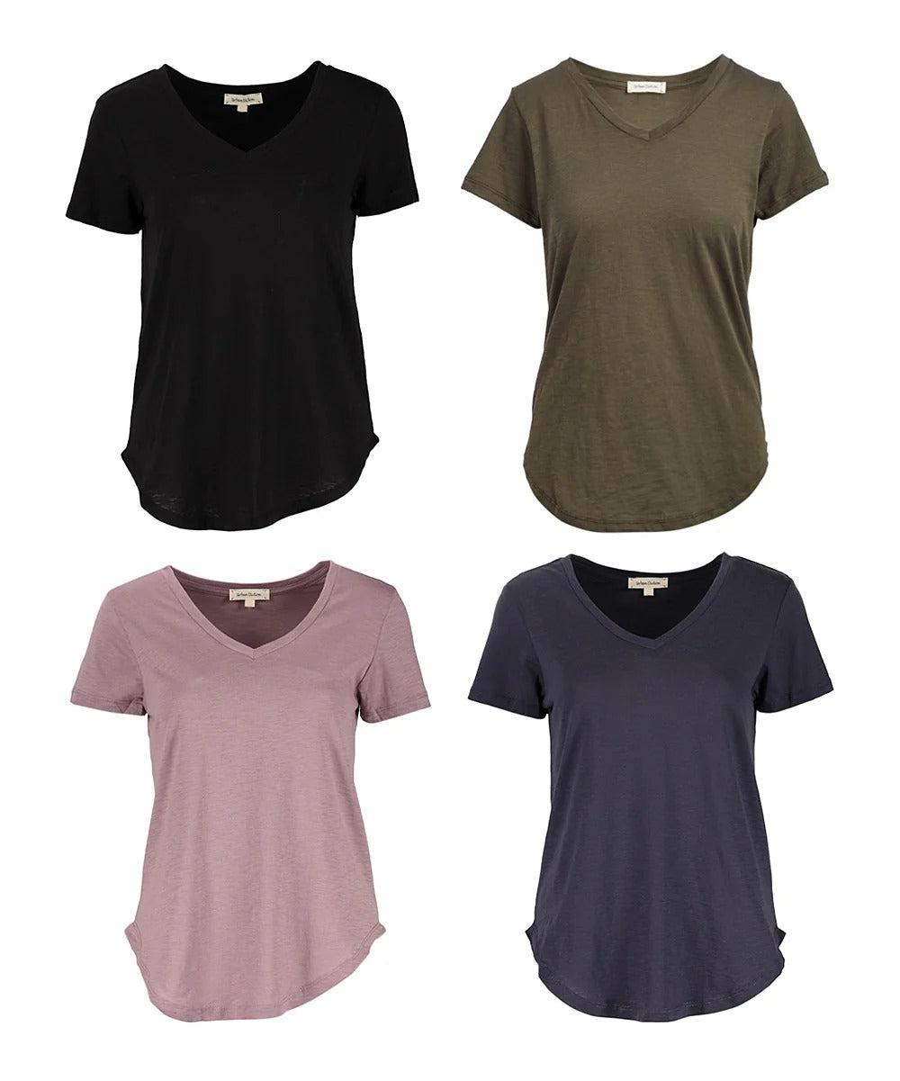 4 Pack Women's Loose V-Neck Curved Hem Tee Top