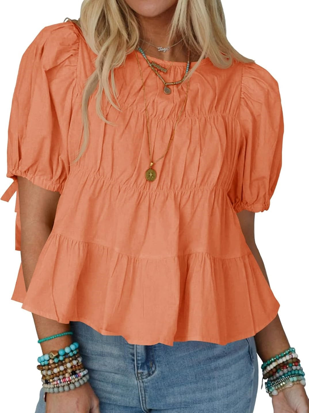 Limited time sale🔥Women's Puff Sleeve T-Shirts Smocked Peplum Blouse Casual Loose Fit Tops