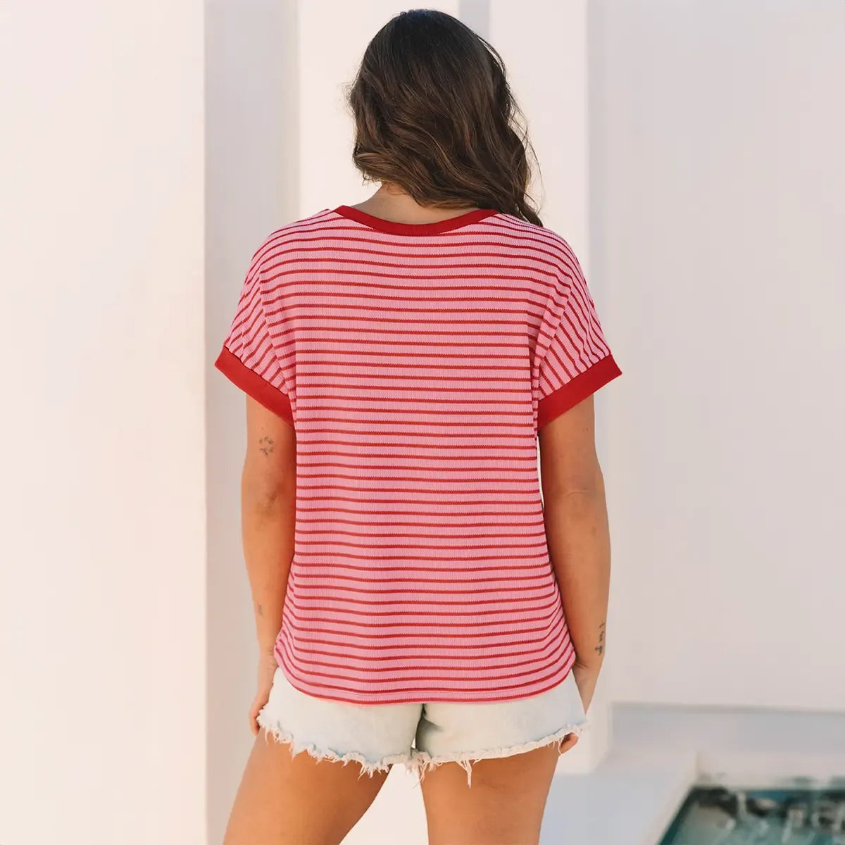Limited time sale🔥Women's Striped Ribbed Knit Drop Shoulder Top