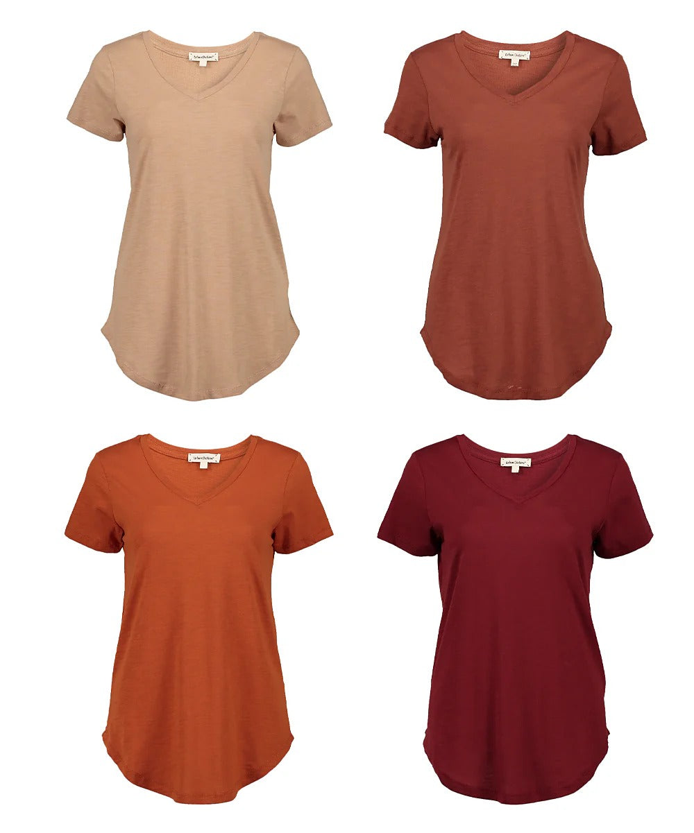 4 Pack Women's Loose V-Neck Curved Hem Tee Top