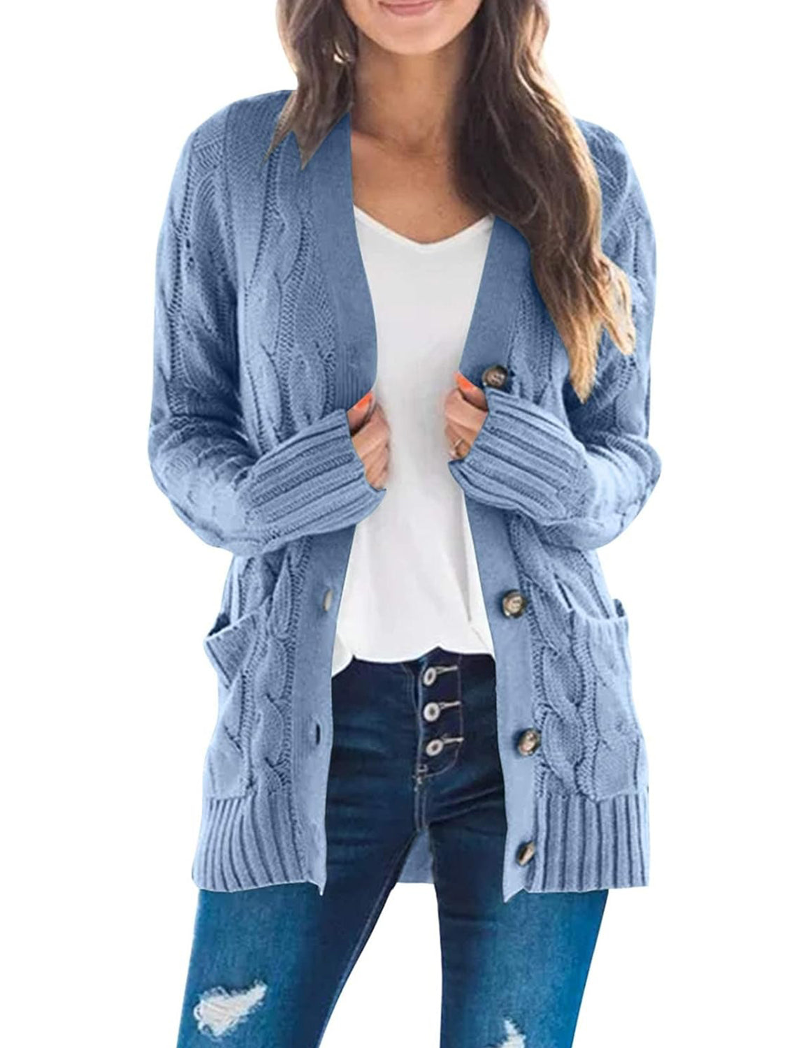 Women's Fall Casual Long Sleeve Button Down Open Front Cable Knit Cardigan