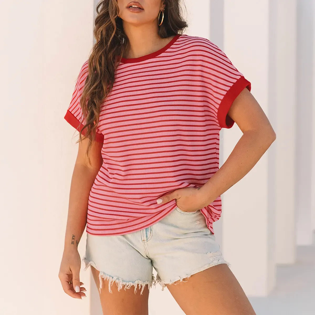 Limited time sale🔥Women's Striped Ribbed Knit Drop Shoulder Top