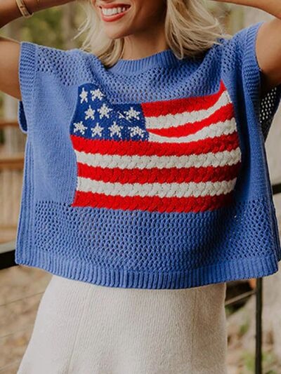 Limited time sale🔥Flag Graphic Short Sleeve Hollow Out Top
