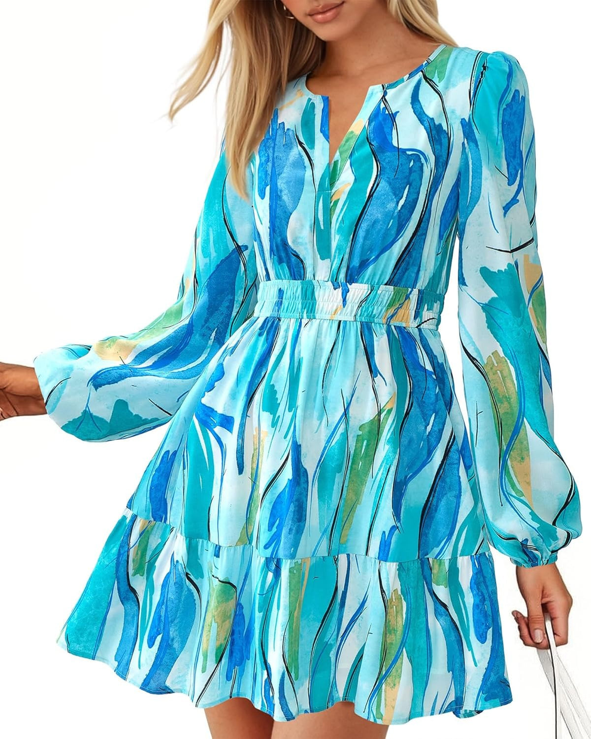 Limited time sale🔥Women V Neck Long Sleeve Elastic Waist Boho Floral Mini Dress