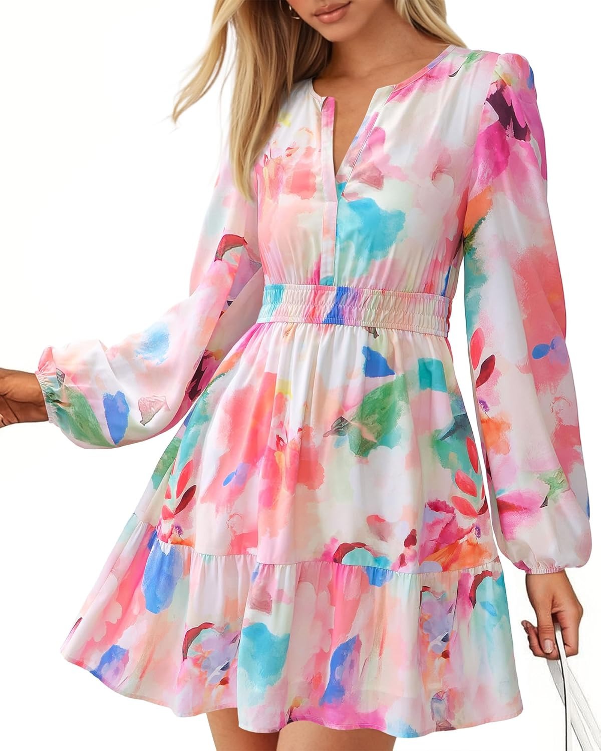 Limited time sale🔥Women V Neck Long Sleeve Elastic Waist Boho Floral Mini Dress