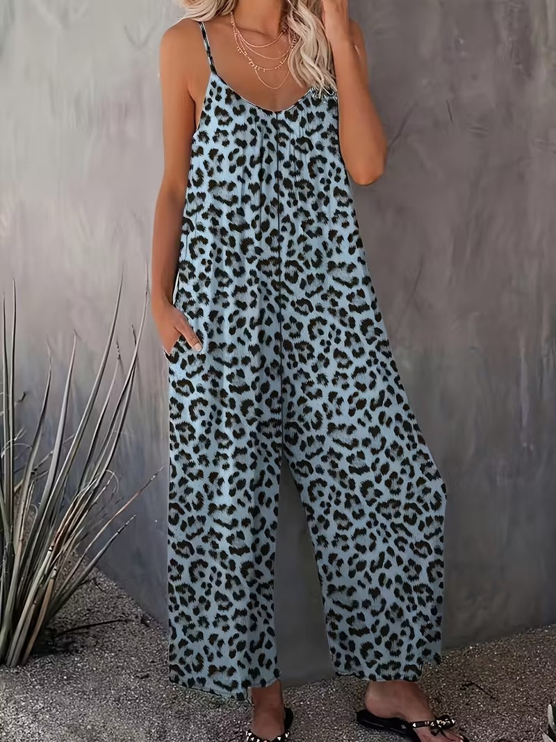 Women's Casual Sleeveless Leopard Print Jumpsuit with Pockets