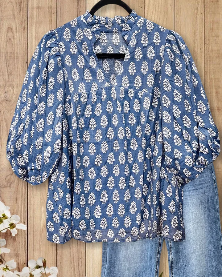 Floral Print V Neck Puff Sleeve Relaxed Blouse