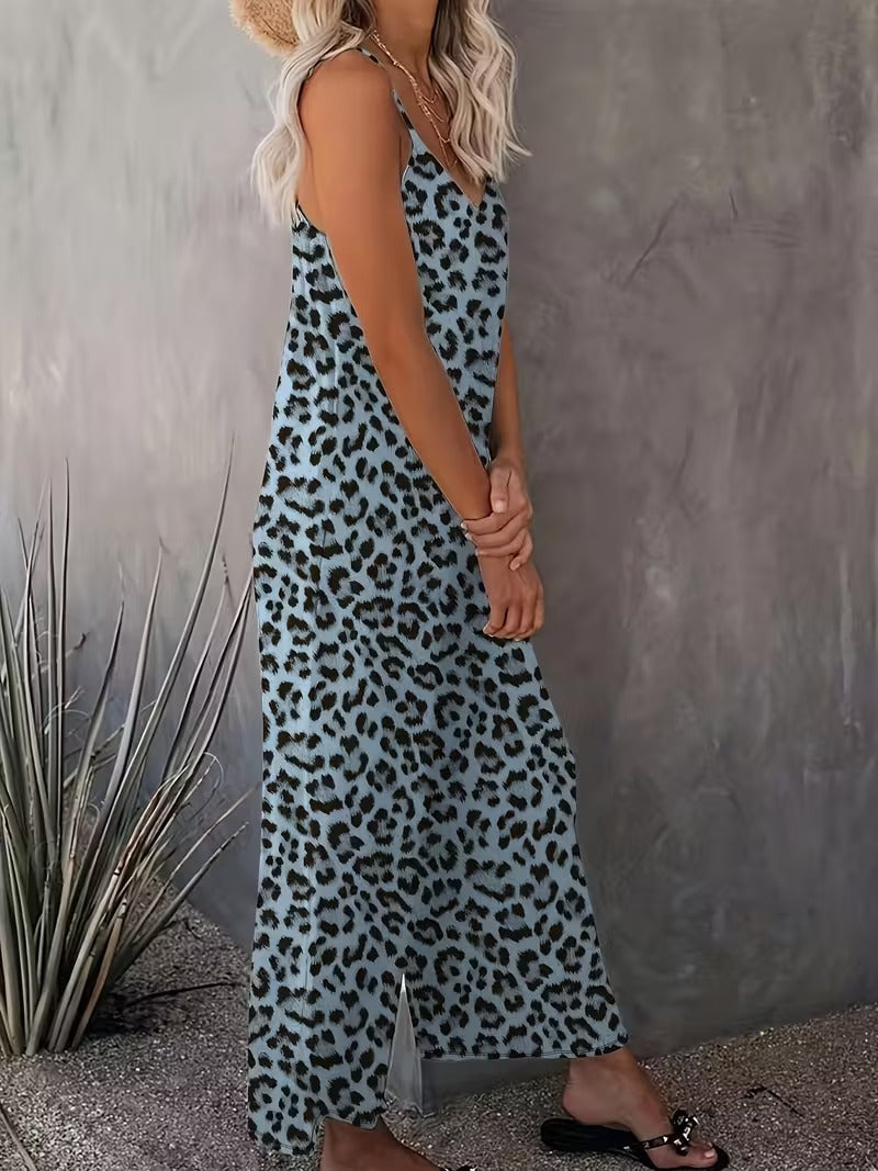 Women's Casual Sleeveless Leopard Print Jumpsuit with Pockets