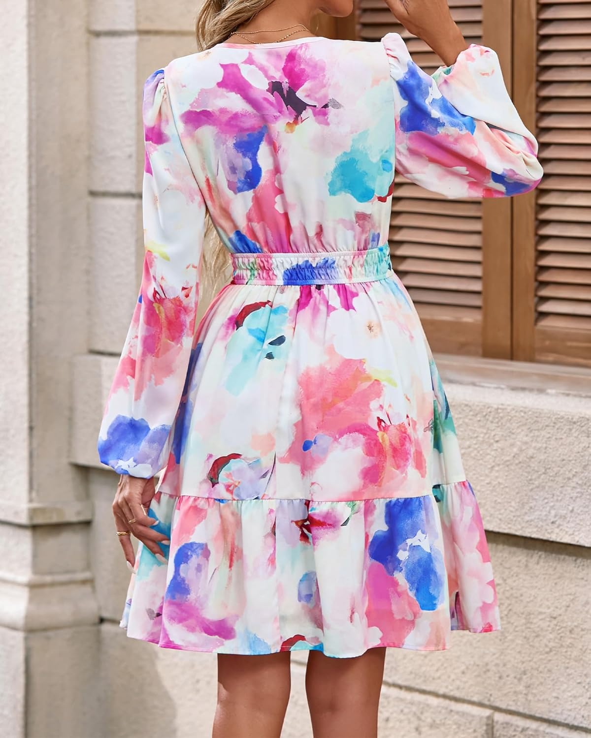 Limited time sale🔥Women V Neck Long Sleeve Elastic Waist Boho Floral Mini Dress