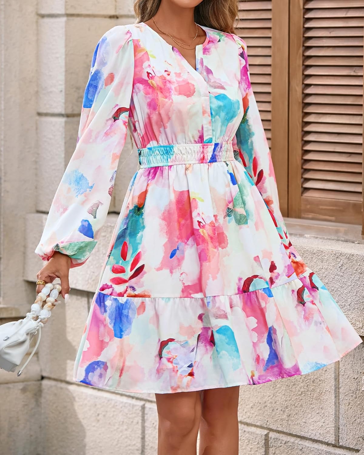 Limited time sale🔥Women V Neck Long Sleeve Elastic Waist Boho Floral Mini Dress