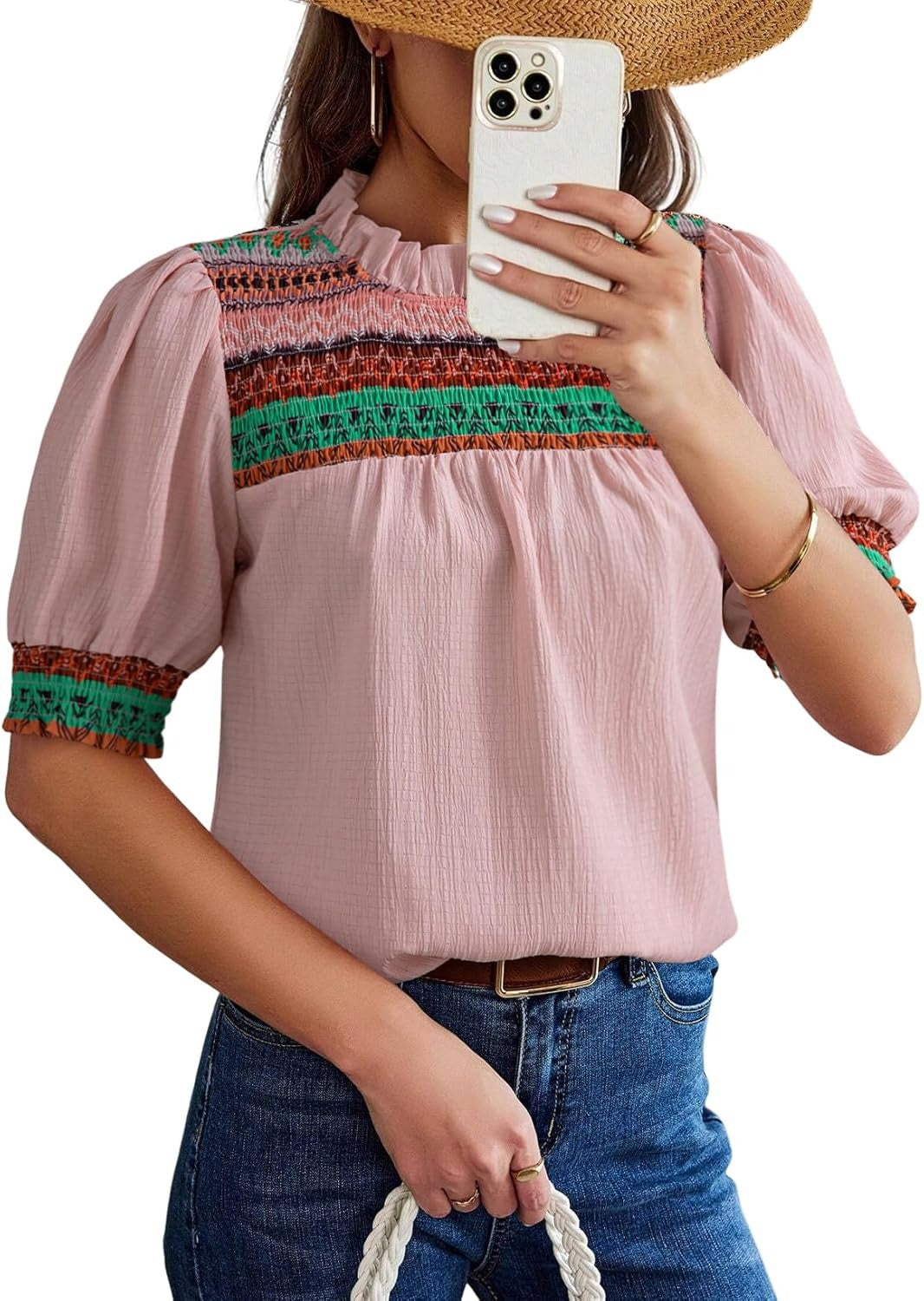 Women Casual Puff Sleeve Boho Pleated Shirts Embroidered Blouses Tunic