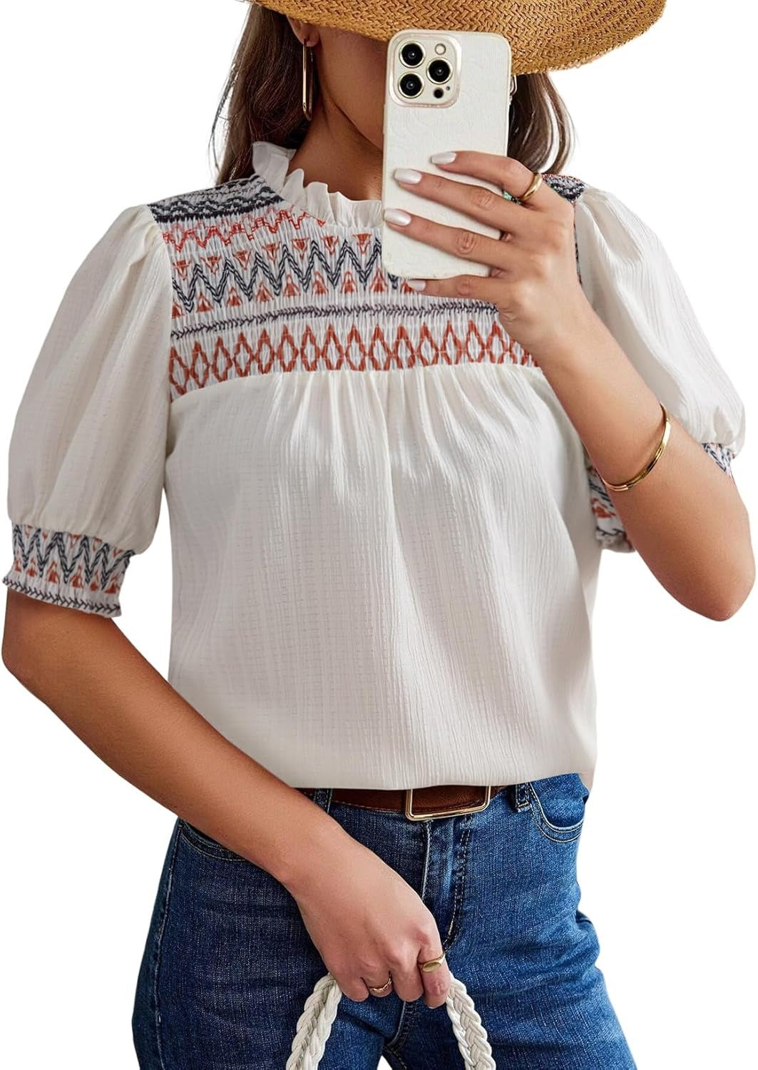 Women Casual Puff Sleeve Boho Pleated Shirts Embroidered Blouses Tunic
