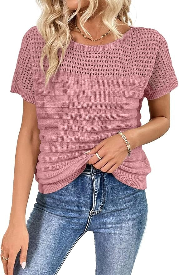 Women's Eyelet Hollow-Out Knit Short Sleeve Top
