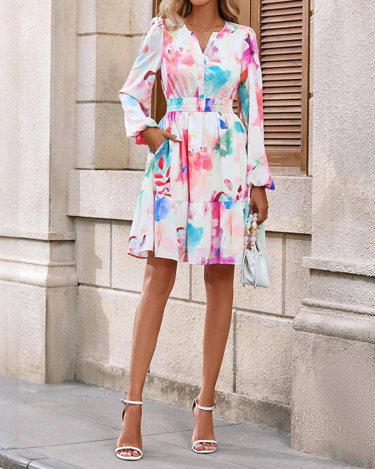 Limited time sale🔥Women V Neck Long Sleeve Elastic Waist Boho Floral Mini Dress