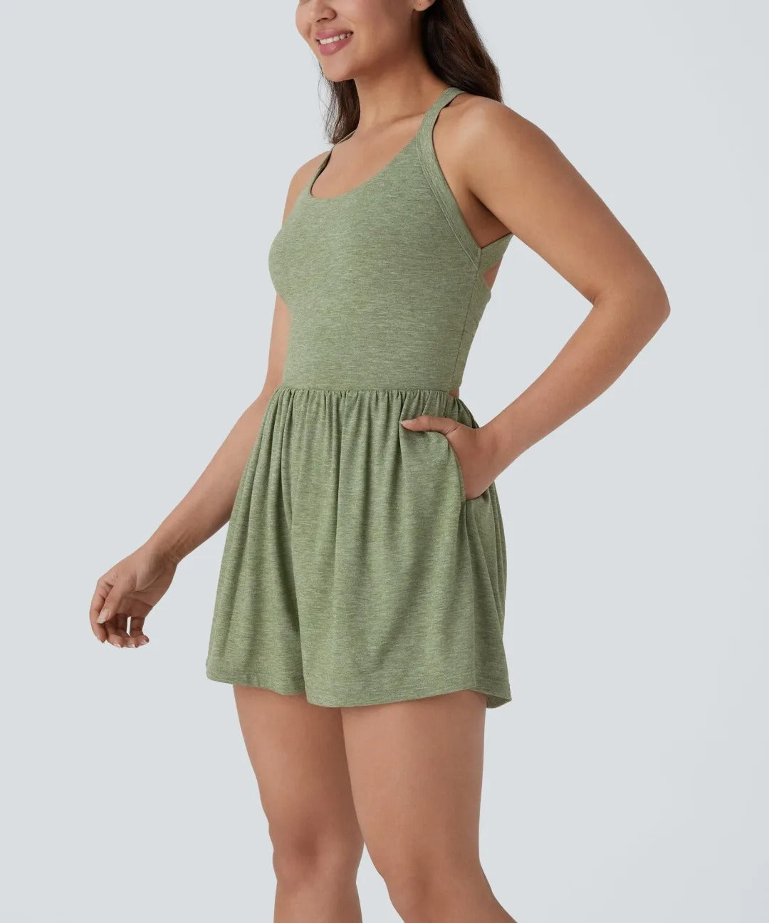 Women's casual Backless Twisted Side Pocket 2-in-1 Resort Romper