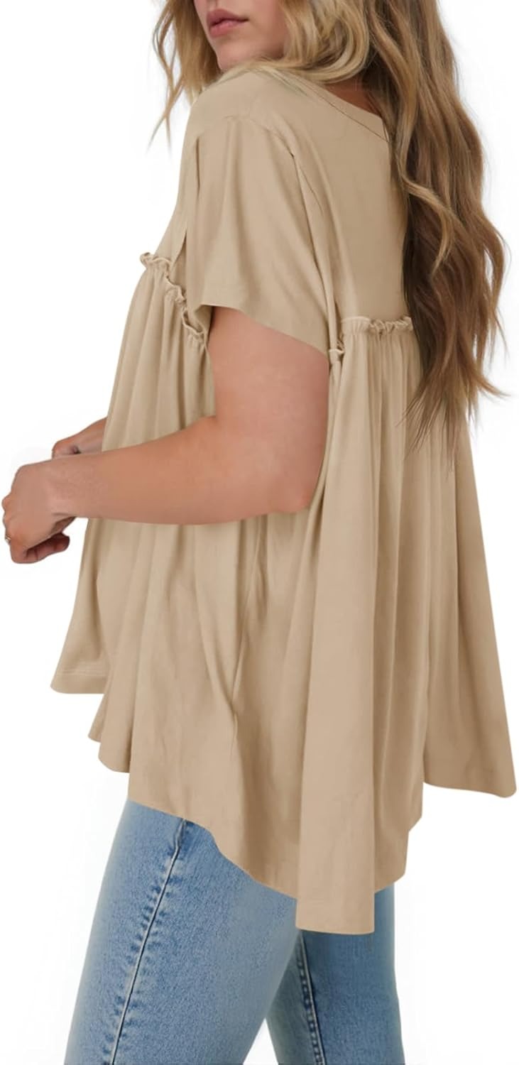 Women Summer Babydoll Tops Pleated Short Sleeve Peplum Blouse Casual Loose Fit T Shirts