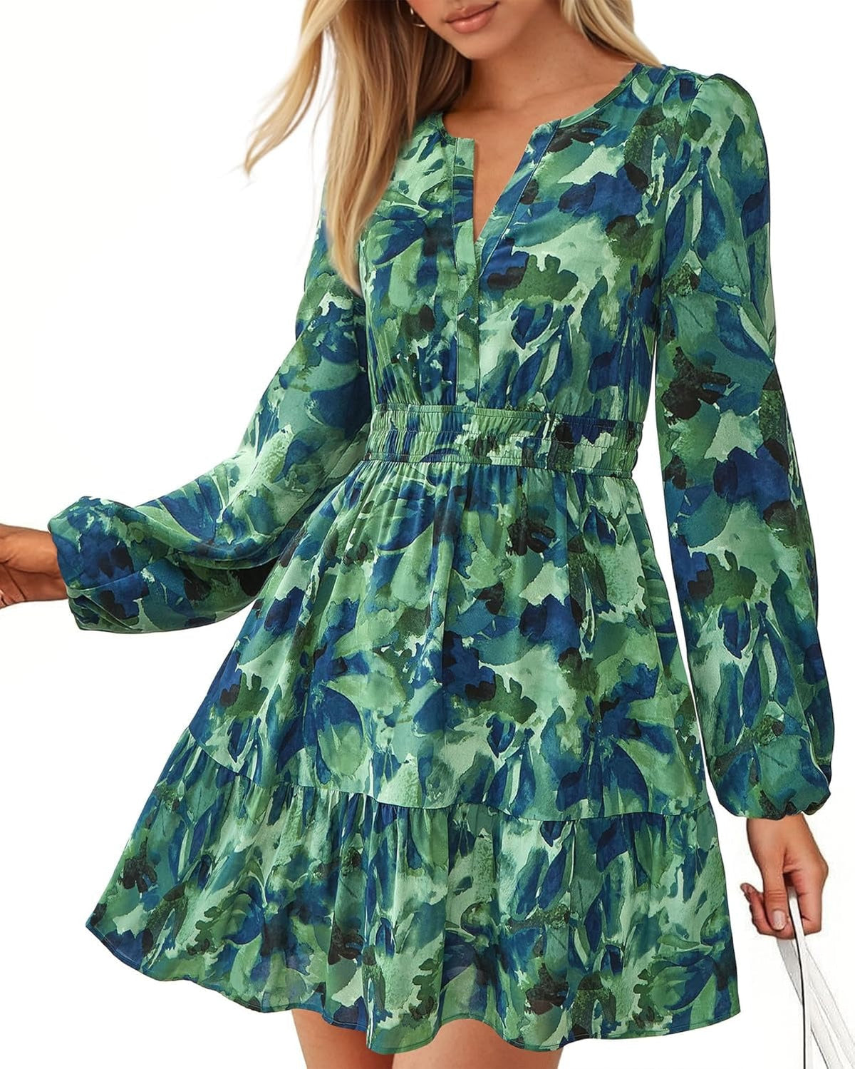 Limited time sale🔥Women V Neck Long Sleeve Elastic Waist Boho Floral Mini Dress
