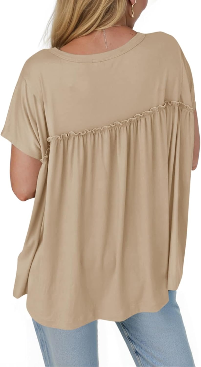 Women Summer Babydoll Tops Pleated Short Sleeve Peplum Blouse Casual Loose Fit T Shirts