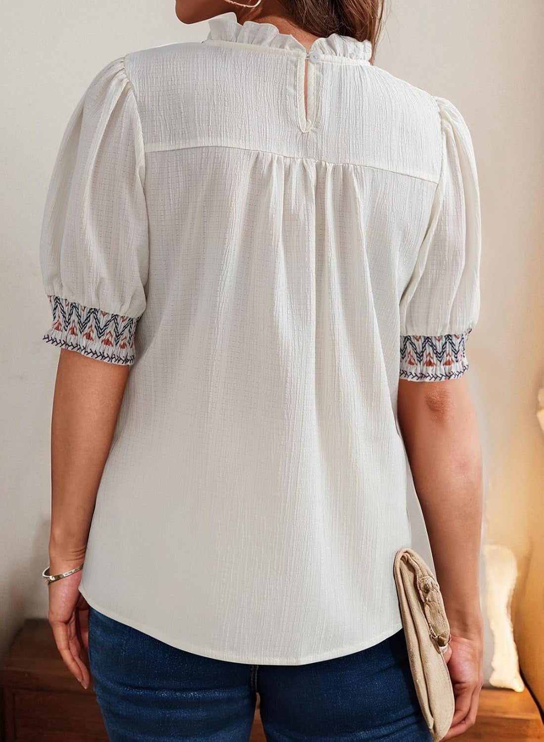 Women's Boho Embroidered Puff Sleeve Crewneck Blouse