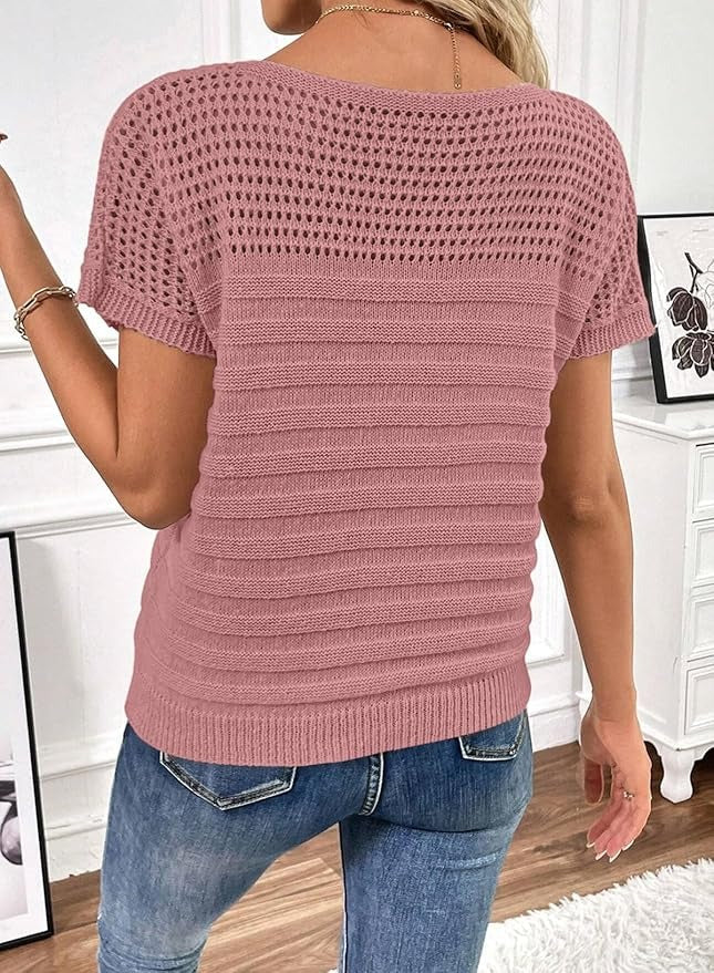 Women's Eyelet Hollow-Out Knit Short Sleeve Top