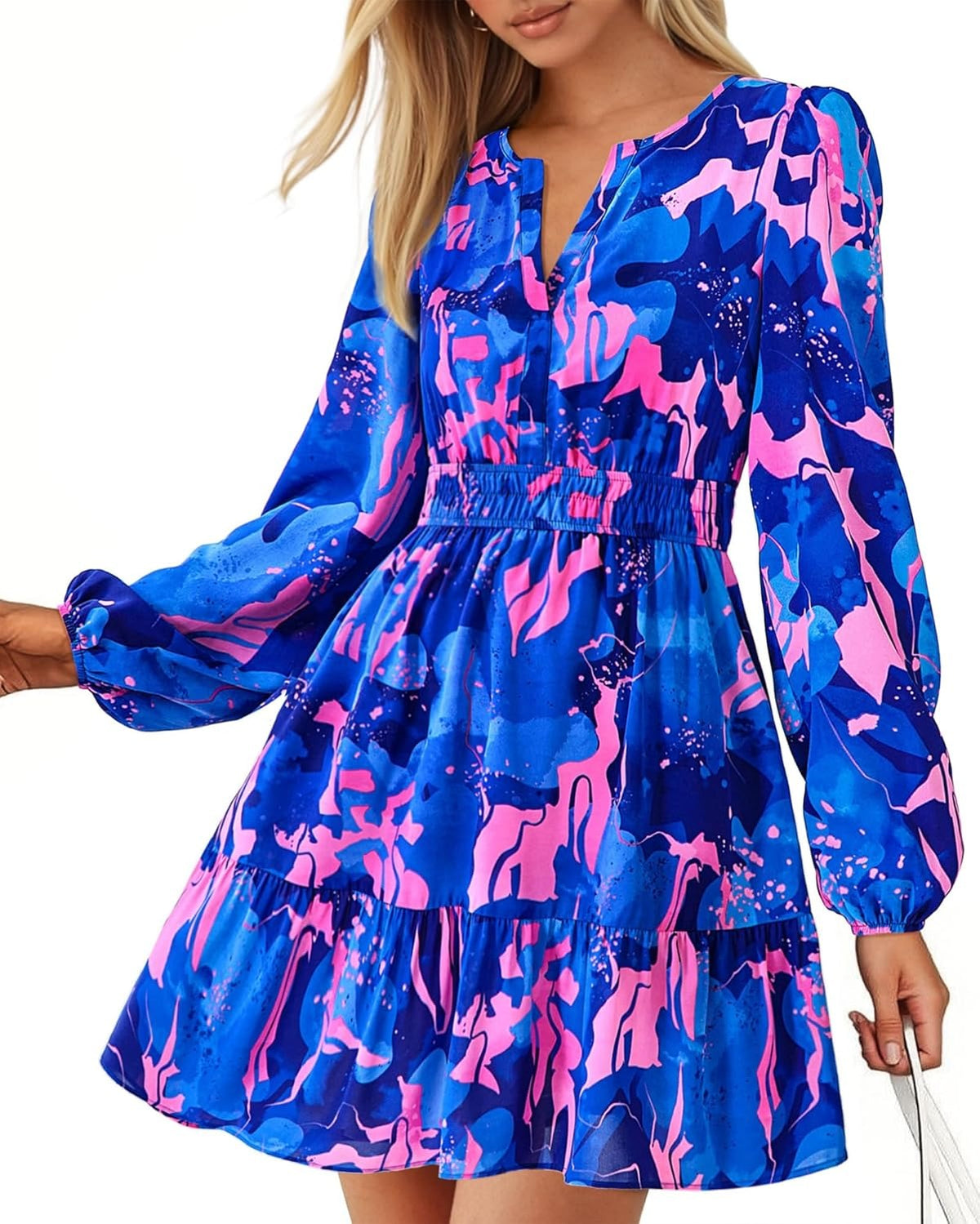 Limited time sale🔥Women V Neck Long Sleeve Elastic Waist Boho Floral Mini Dress