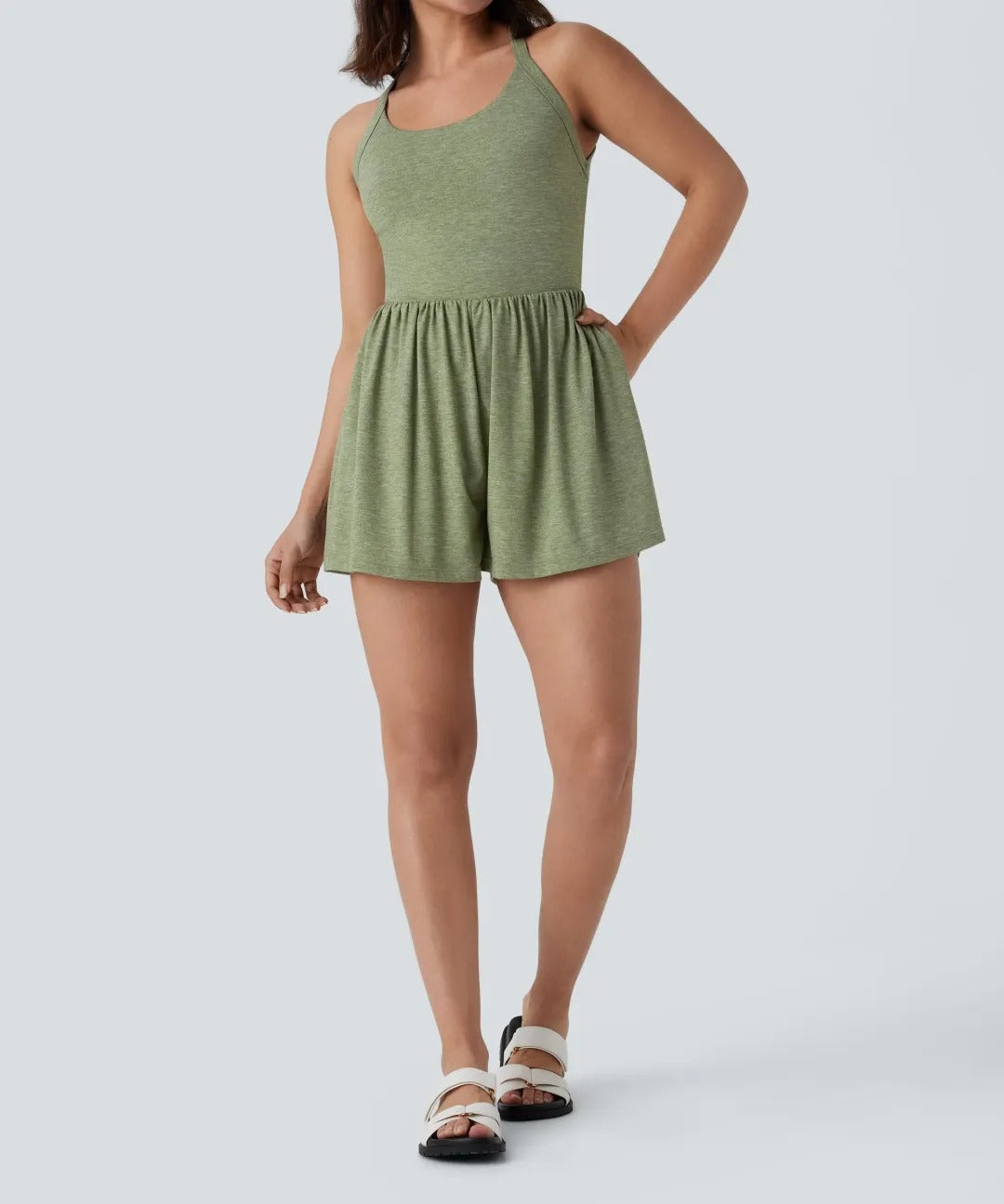 Women's casual Backless Twisted Side Pocket 2-in-1 Resort Romper