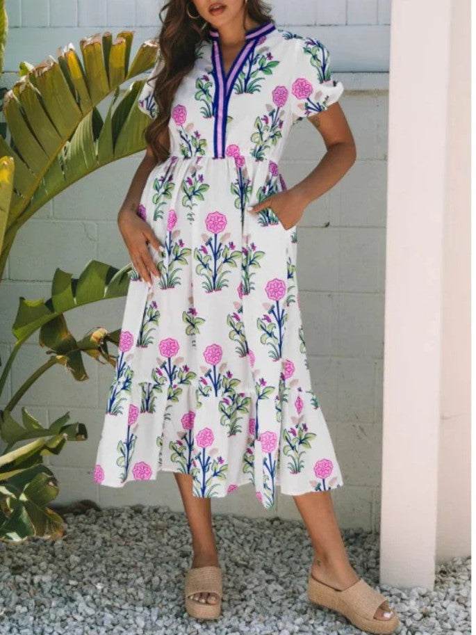 Limited time sale🔥Women's Floral V-Neck Ruffle Hem Midi Dress