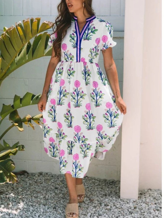 Limited time sale🔥Women's Floral V-Neck Ruffle Hem Midi Dress