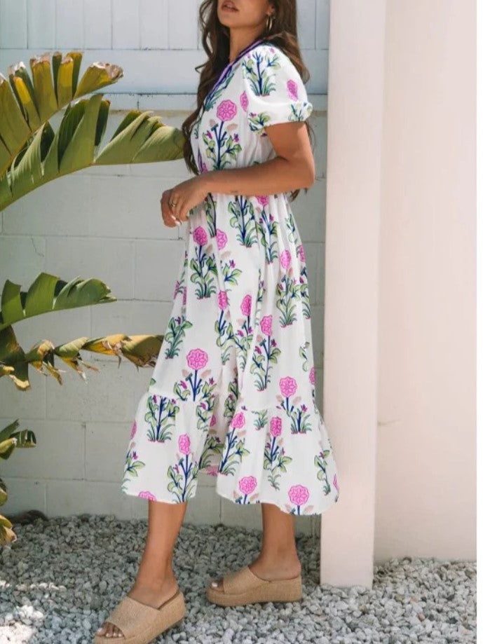 Limited time sale🔥Women's Floral V-Neck Ruffle Hem Midi Dress